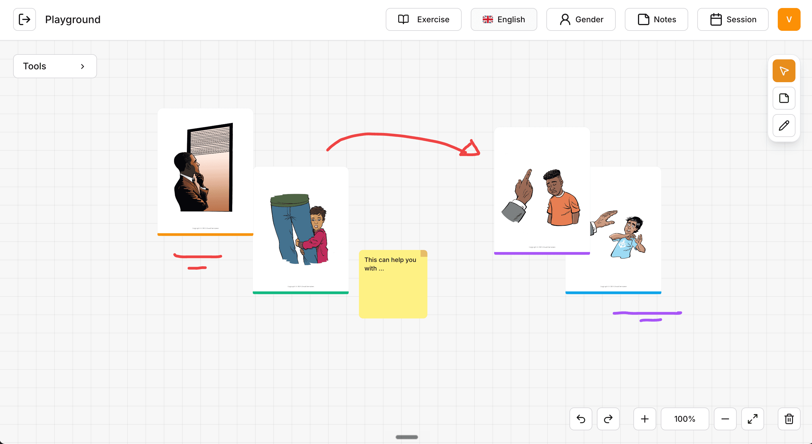 Playground with iModes cards, sticky notes, drawing tools, and live annotations between therapist and patient.