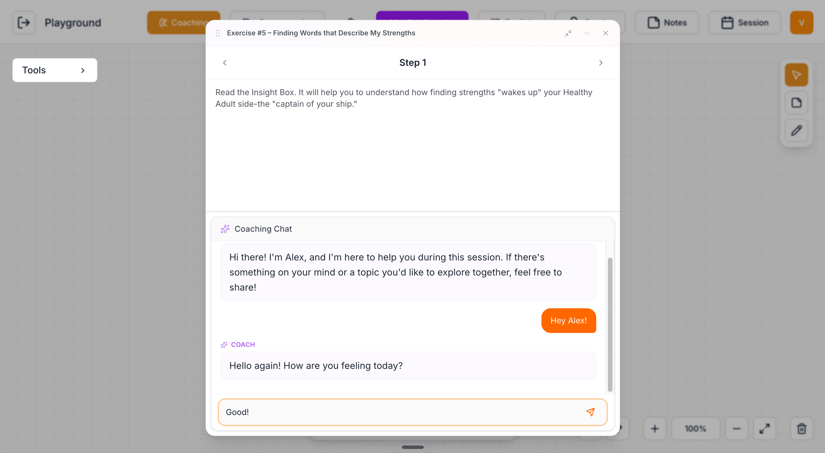 Guided exercise with step-by-step copy and Alex AI coaching chat embedded on the canvas.